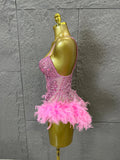 Glamorous Pink Sparkly Rhinestone Feather Trim Bodysuit Performance Costume Singer Stage Outfit Birthday Party Nightclub Wear