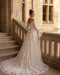 Off Shoulder Lace Wedding Dress Basque Waist Bridal Gown Vintage Bell Sleeve Ball Gowns Church Castle Marriage Clothes