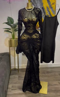 Women Long Sleeve Stacked Mesh with Lining Bodycon Cocktail Long Dress  Autumn Evening Birthday Sexy Party Dresses