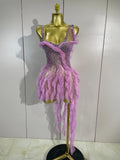 Sexy Mesh Ruffled See-Through Mini Dress Women Evening Prom Sparkly Rhinestones Birthday Party Photoshoot Nightclub Stage Wear