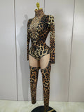 Sexy Sparkly Diamonds Leopard Print Bodycon Stretch Jumpsuit Women Eveing Party Nightclub Singer Dancer Stage Performance Outfit