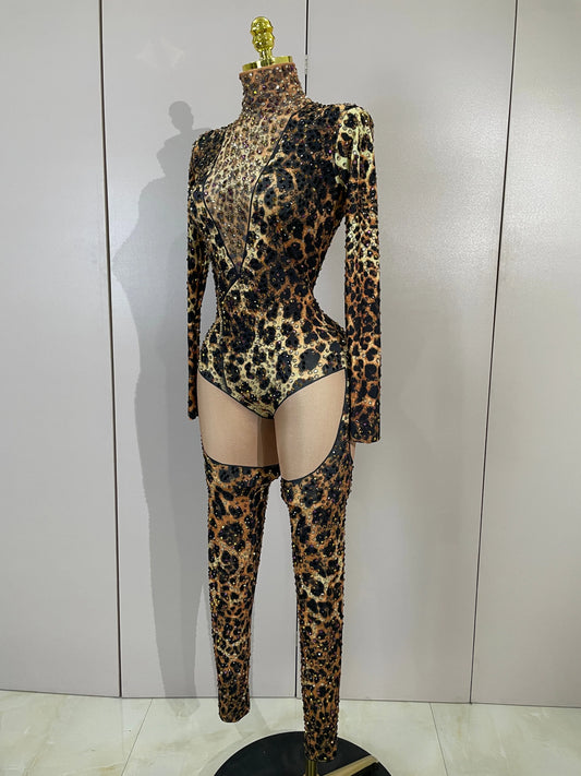 Sexy Sparkly Diamonds Leopard Print Bodycon Stretch Jumpsuit Women Eveing Party Nightclub Singer Dancer Stage Performance Outfit