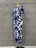 Sexy Short Sleeve Jacquard Blue Bandage Bodycon Long Dress Women Celebrity Elegant Evening Club Party