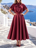 Satin Two Piece Sets for Women Bow Tie Mock Neck Blouse High Waist Flared A‑Line Maxi Skirt for Formal Banquet Party Wear