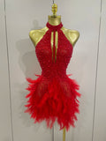 Women Sexy Celebrate Birthday Dress Luxury Rhinestones Pearls Feathers Halter Backless Short Dress Nightclub Bar Stage Costume