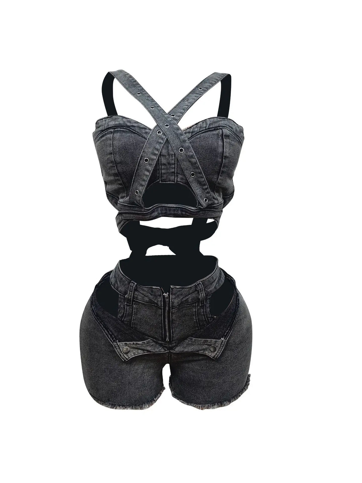 Fashion Denim Cutout Women's Set Wrap Strap Crop Top and Shorts Jeans  Summer Two 2 Piece Sets Outfits Tracksuit