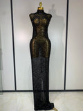 Sparkly Rhinestone Sleeveless Stretch Long Dress Women Sexy Mesh Celebrate Evening Prom Luxury Birthday Dress Evening Party Wear