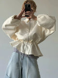 Apricot Jacquard Drawstring for Women Jackets Lapel Bubble Long Sleeve Peplum Hem Zip Up Jacket for Summer Casual