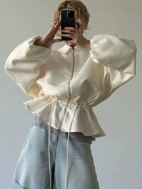 Apricot Jacquard Drawstring for Women Jackets Lapel Bubble Long Sleeve Peplum Hem Zip Up Jacket for Summer Casual