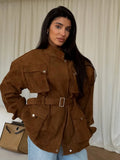 Women Oatmeal Soft Suede Stand Collar Snap Button Pocket Jackets Long Sleeve Coats Autumn Daily Office Party Chic Outerwear 2026