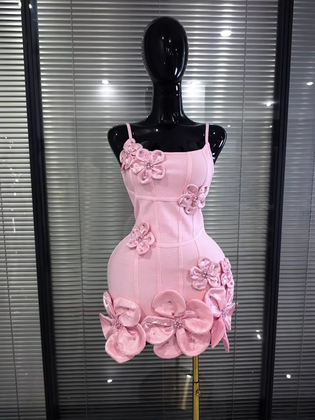 5 Colors Women Sexy Strap O-Neck Shining Flowers Bodycon Mini Bandage Dress Birthday Photoshoot Celebrate Cocktail Outfit