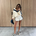 Color Block Zip Up Two Piece Set Women Long Sleeve Stand Collar Cropped Jacket High Waist Shorts 2026 Spring Summer Casual Suit