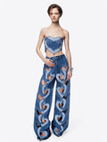 Fashion Women Jeans High Waist Heart Connectivity Contrast Color Hollow Out Straight Denim Pants 2024 New