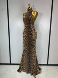 Women Sexy Sleeveless Halter Backless Leopard Sequin Mermaid Maxi Long Dress Bodycon Evening Party Celebrity Elegant Dress