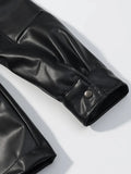 Black Slimming Leather Jacket for Women Lapel Long Sleeve Patchwork Double Breasted Fashionable Coat Female Autumn
