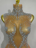 Sexy Stage Sparkly Rhinestone Mesh See Through Crystal Bodysuits Women Luxury Birthday Dancer Nightclub Bar Performance Outfit