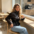 Stand Collar Faux Leather Cropped Jacket Waist Belted Button Long Sleeve Outerwear Winter New Street Women Daily Casual Outfit