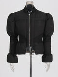 Patchwork Zipper Parkas For Women Stand Collar Long Sleeve Minimalist Tunic Winter Coat Female Fashion Clothing New