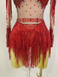 Women Sparkly Rhinestone Sequin Tassel Stretch Bodysuits 2025 New Arrival Birthday Party Nightclub Dj Stage Performance Costume