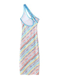 Colorful Print Dresses for Women Diagonal Collar Spliced Hollow Out Sleeveless High Waist Split Dress Female Autumn