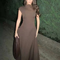 Solid Minimalist Slimming Dresses for Women O Neck Sleeveless High Waist Temperament Dress Female New