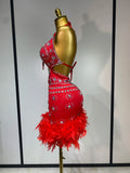 Women Sexy Halter Crystal Feathers Bodycon Mini Dress Nightclub Performance Stage Outfit Luxury Birthday Photo Shoot Dress