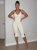 Contrast Color Bandage Playsuits Woman Halter Low-Neck Backless Sleeveless Ruffles High Street Fashion Style Rompers