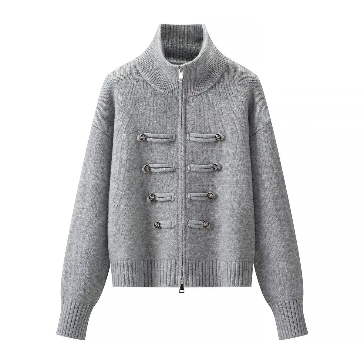 Women's Vintage Knit Cardigan Sweater Jacket Stand Collar Double Breaste Two Way Zipper Loose Street Coat Autumn Winter