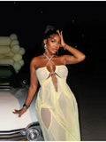 Sexy Yellow Chiffon Halter Maxi Dress Lady Chic Hollow Out Backless Lace Up Sleeveless See Through Robe Female Spring Party Wear