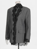 Chic Solid Spliced Lace Edge Blazers for Women Notched Collar Long Sleeve Temperament Designer Coats Female Clothes Style