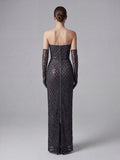 Sexy Strapless Sequin Mesh See Through Long Dress with Gloves Women Perspective Design Slim Dresses Evening Party Gowns