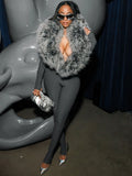 Furry Deep V-Neck Jumpsuits Woman Hipster Patchwork Trend Sexy Stretch Fitness Club Activity Luxury Midnight Overalls