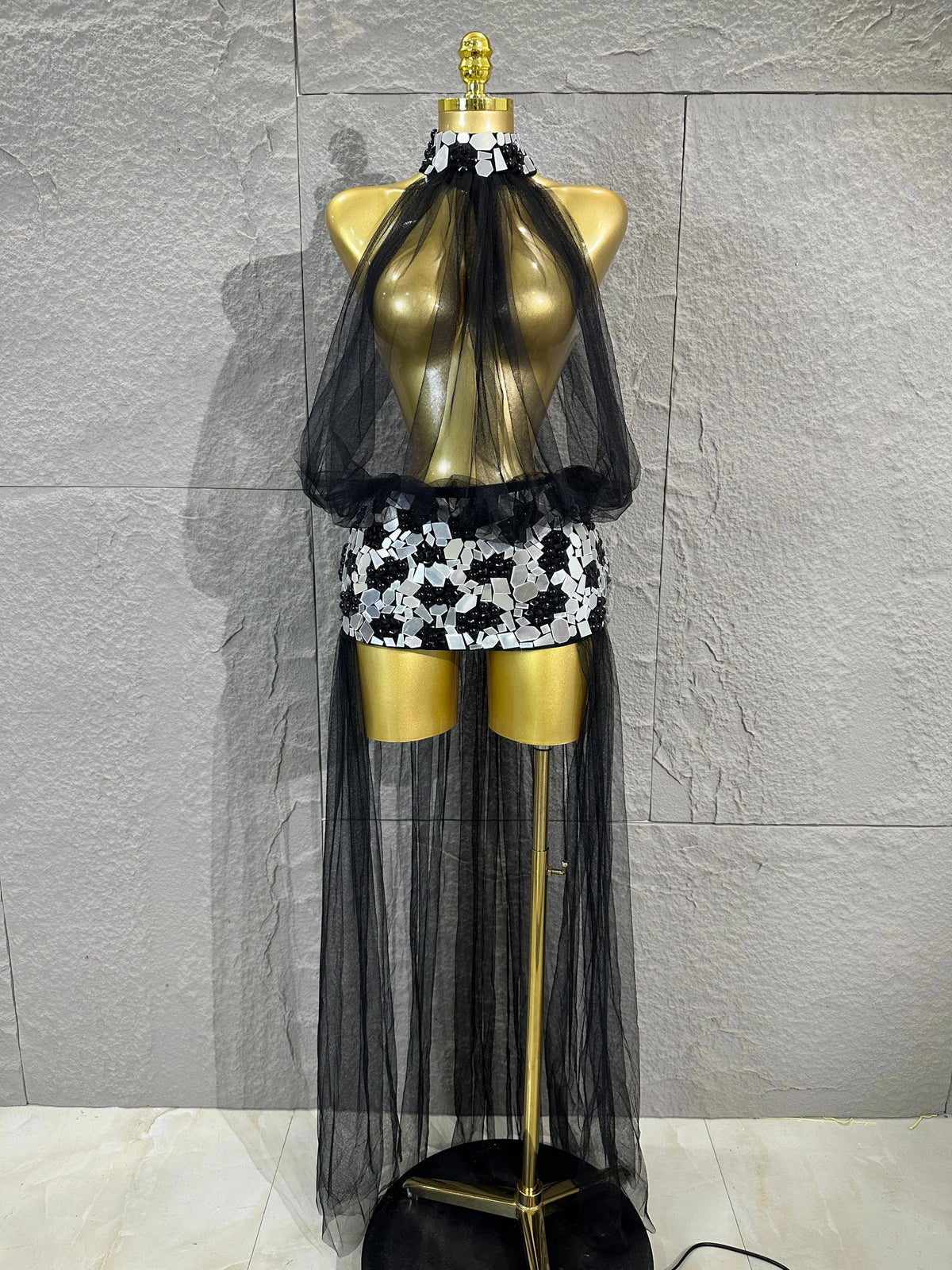 Women Sheer Mesh Rhinestone Skirt Long Tulle TrainSexy Costume For Club Party Stage ShowEvening Performance Events