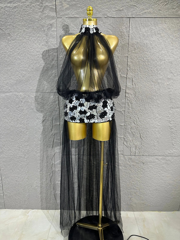 Women Sheer Mesh Rhinestone Skirt Long Tulle TrainSexy Costume For Club Party Stage ShowEvening Performance Events