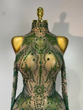 Sparkly Rhinestone Sexy Mesh Bodycon Jumpsuit Nightclub Bar Evening Party Gogo Dancer Clothing Drag Queen Outfit Stage Costume