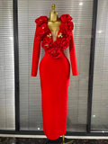 Red Color Women Long Sleeve Sexy V-Neck Florals Golden Sequined Bodycon Long Bandage Dress Winter Celebrate Evening Outfit