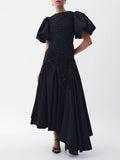 Solid Spliced Drawstring Folds Designer Maxi Dress for Women O Neck Puff Sleeve High Waist Elegant Party Dresses Female New