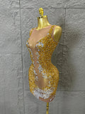 2026 New Sexy Fashion Gold Sparkly Dance Show Stage Costume Women Birthday Party Rhinestones Tassels Transparent Short Dress