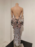 Women Sexy Sparkly Diamonds Sequins Long Sleeves Mesh See Through Long Dress Luxury Birthday Evening Party Nightclub Stage Wear