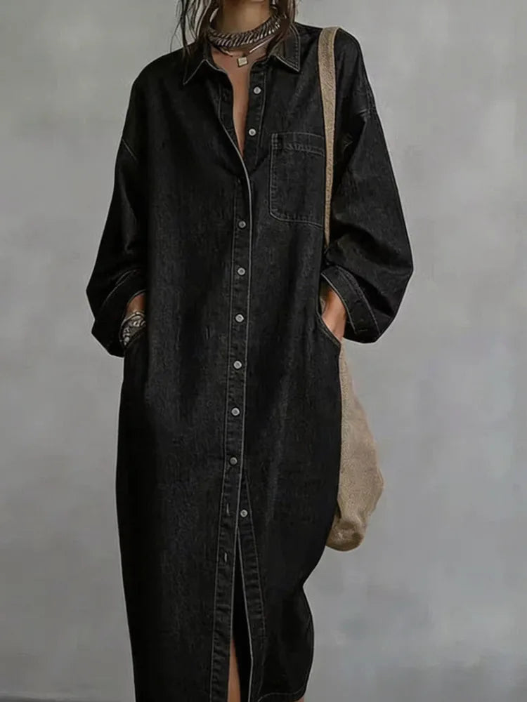 Women Denim Dress Lapel Collar Long Sleeve Loose Maxi Button Down Pocketed Casual Fashion Summer