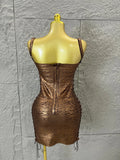 Women Sexy Metallic Gold Silver Bronze Bodycon Dress with Thin Straps and Drawstring Hem Evening Event Women Clubwear Outfit