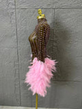 Red Pink Slim-fit Feather-Trimmed Sheer Dress Sexy Performance Costume Dance Party Singer Stage Nightclub Luxury Outfit