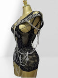 Personalized Design Hollow Pin Belt Black Mesh Jumpsuit Halloween Festival Stage Performance Vest Party Wear Dress For The Women