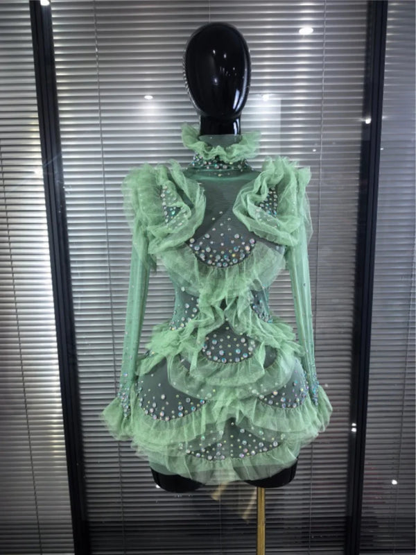 Women Long Sleeve Sexy Mesh Ruffles Bodycon Mini Dress See Through Celebrate Nightclub Party Bar Singer Birthday Wear