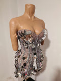 Women Strapless Silver Big Sequins Rhinestone Mini Dress Luxury Bodycon Short Gown Outfit BirthdayParty Cocktail Evening Dress
