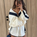 Color Block Zip Up Two Piece Set Women Long Sleeve Stand Collar Cropped Jacket High Waist Shorts 2026 Spring Summer Casual Suit