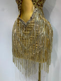 Women Birthday Party Rhinestones Tassels Transparent Short Dress Dance Show 2025 New Sexy Fashion Gold Sparkly Stage Costume