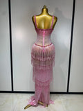 Women Luxury Prom Gowns Sparkly Rhinestones Tassel Mesh Maxi Long Luxury Birthday Celebrity Sexy Evening Club Party Dresses