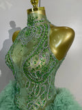 Women Birthday Party Costume Bar Nightclub Singer Sexy Stage Performance Outfit Sparkly Green Diamonds Mesh See Through Bodysuit
