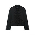Women Woven Patchwork Napoleon Jacket Shoulder Pad Long Sleeve Hook Closure Street Blazer 2026 Spring Chic Casual Edgy Crop Coat